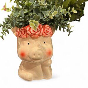 Small Blushing Pig Flower Crown Planter Pot – Cute Artificial Plant Holder